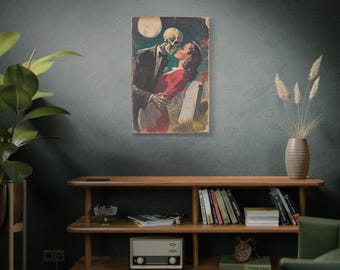 Vintage Horror Art Canvas, Skeleton Bride, Spooky Gothic Decor