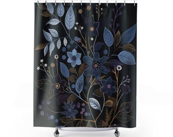 Midnight Blue Floral Shower Curtain | Dark Botanical Bathroom Decor