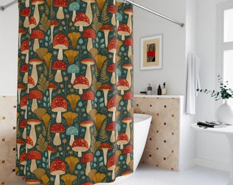 Cottagecore Mushroom Shower Curtain, 1960s Scandinavian Folk Art
