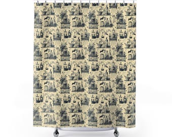 Vintage Apothecary Toile de Jouy Shower Curtain, Gothic Halloween Bathroom Decor