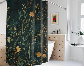 Wildflower Meadow Shower Curtain | Dark Botanical Floral Pattern