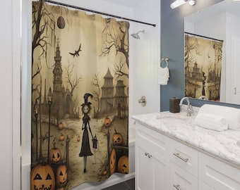 Gothic Halloween Shower Curtain, Spooky Cottagecore Decor