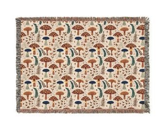 Mushroom Print Woven Blanket: 100% Cotton Fringed Throw