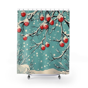 Cortina de ducha con diseño de bayas de invierno, estilo vintage de dibujos animados, bayas de color rojo cereza sobre fondo azul cristalino, decoración de baño, vacaciones