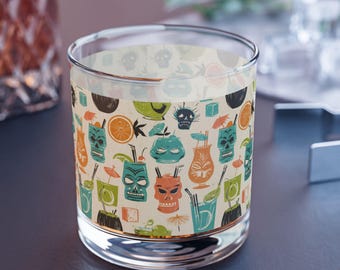 Tropical Tiki Tempered Rocks Glass, Fun Cocktail Print