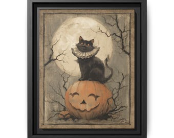 Op de afbeelding: Een ingelijst Halloween-kunstwerk met een zwarte kat met een gefranjerde kraag bovenop een uitgesneden pompoen. De achtergrond toont een volle maan, kale boomtakken en een gedempt kleurenpalet, wat een vintage esthetiek creëert.