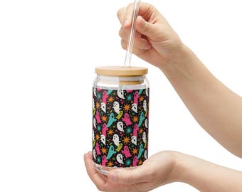 Ghost Sipper Glass, Bamboo Lid, Reusable Drinkware, 16oz