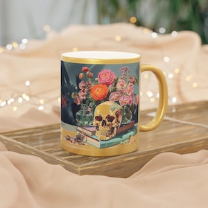 Whimsical Golden Skull and Floral Metallic Coffee Mug - Halloween and Everyday Decor
