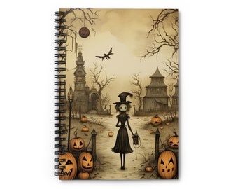 May include: Spiral-bound notebook featuring a sepia-toned Halloween illustration. The artwork depicts a spooky scene with a figure in a black dress and hat, walking a path lined with jack-o'-lanterns. The background includes a haunted house and bare trees.