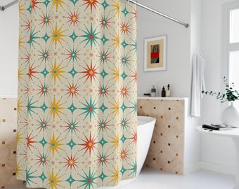 Mid Century Starburst Shower Curtain | Retro Atomic Pattern, Teal Mustard Red