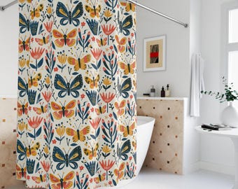 Butterfly Floral Pattern Shower Curtain | Boho Garden Bathroom