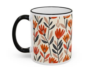 Retro Floral Pattern Accent Rim & Handle Mug | Retro Tulip Design