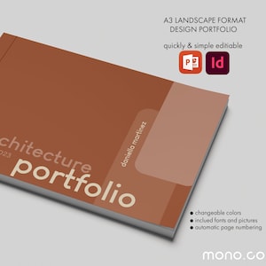 May include: A brown and beige landscape format portfolio template for architecture. The cover features the text "architecture portfolio" and the name "daniella martinez". The template is editable in Photoshop and Illustrator.