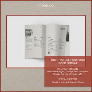 K&ouml;nnte beinhalten: Ein Buch-Mockup, das ein Architekturportfolio im Buchformat zeigt. Der Umschlag zeigt den Text "Frida Andre" und "about". Der Text "ARCHITECTURE PORTFOLIO BOOK FORMAT" wird in Fettdruck angezeigt. Der Text "FULLY CUSTOMISABLE add-delete pages, change fonts and color. change the size of images etc." wird in kleinerer Schrift angezeigt. Der Text "DIGITAL AND PRINT Ready to print with bleed settings" wird in kleinerer Schrift angezeigt.