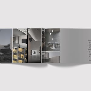 K&ouml;nnte beinhalten: Eine Doppelseite aus einem Magazin, die Innendesign mit Schwerpunkt auf moderner Architektur zeigt. Die Magazinseiten zeigen eine Vielzahl von Bildern, darunter ein gebogenes Geb&auml;ude, ein modernes Wohnzimmer und ein Esszimmer mit einem runden Tisch und St&uuml;hlen. Der Text "content" ist auf der rechten Seite sichtbar.