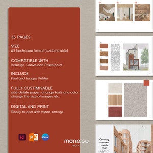 K&ouml;nnte beinhalten: Ein digitales Produkt-Mockup, das ein 36-seitiges A3-Heft im Querformat mit rotem Einband zeigt. Das Heft ist kompatibel mit InDesign, Canva und PowerPoint. Es enth&auml;lt einen Schriftarten- und Bildordner und ist vollst&auml;ndig anpassbar. Das Heft ist druckfertig mit Beschnittmarken.