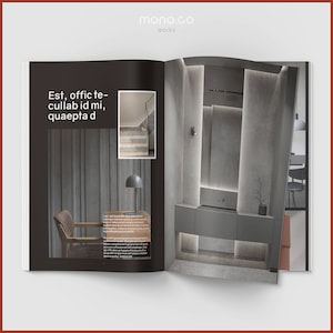 K&ouml;nnte beinhalten: Ein Magazin-Doppelseite mit einem modernen Innendesign, das eine graue Betonwand, einen Stuhl, eine Lampe und eine Treppe zeigt. Der Text "Est, offic te-cullab id mi, quae pta d" ist auf der Seite sichtbar.