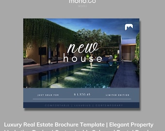 May include: A real estate brochure template featuring a photo of a modern house with a swimming pool. The text "new house" is displayed in white on a dark blue background. The brochure is for sale and rental properties.