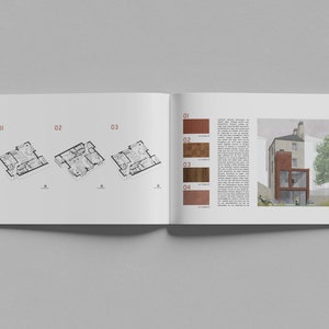 K&ouml;nnte beinhalten: Eine Doppelseite aus einem Architekturmagazin mit Grundrissen eines Hauses und einer Darstellung des &Auml;u&szlig;eren. Die Grundrisse sind mit 01, 02 und 03 beschriftet. Die Au&szlig;endarstellung zeigt ein dreist&ouml;ckiges Haus mit einer roten Backsteinfassade und einem gro&szlig;en Fenster. Der Text auf der Seite beschreibt die Gestaltung und die Materialien des Hauses.