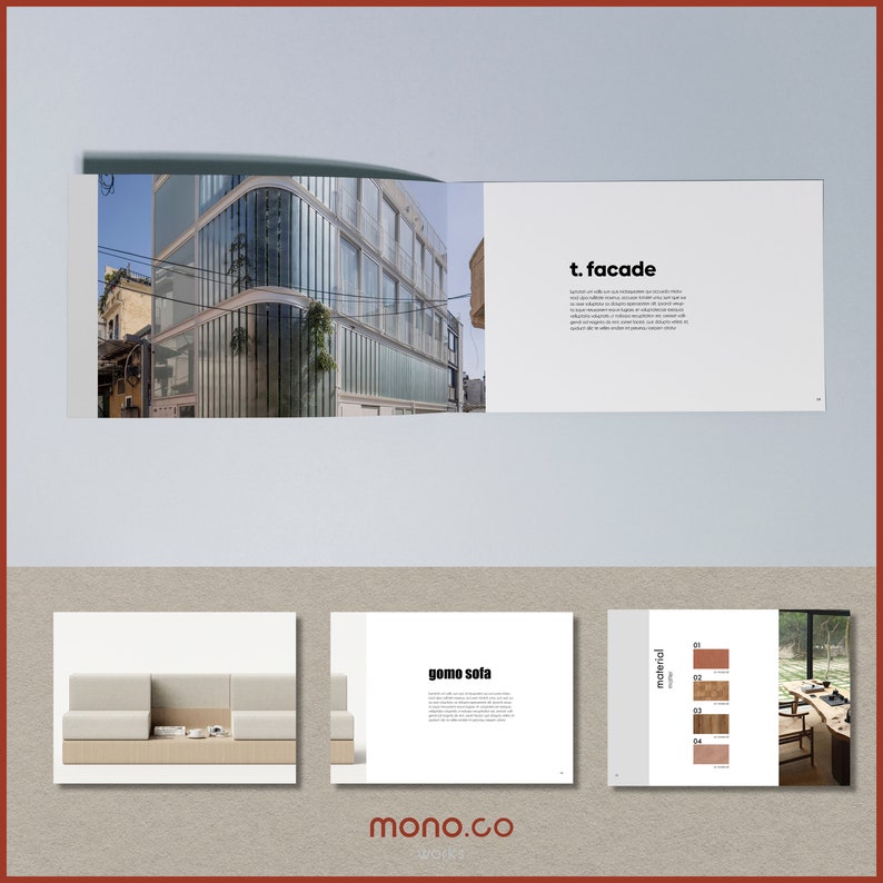 May include: A brochure showcasing a modern building with a glass facade. The brochure also features a modular sofa with a wooden base and a section on materials with different wood samples.
