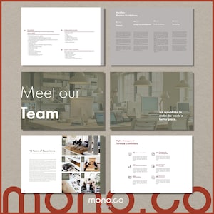 K&ouml;nnte beinhalten: Eine Brosch&uuml;re mit einem Foto eines modernen B&uuml;roarbeitsplatzes und dem Text "Meet our Team". Die Brosch&uuml;re enth&auml;lt auch Informationen &uuml;ber die 18-j&auml;hrige Erfahrung des Unternehmens, die Bedingungen f&uuml;r die Rechteverwaltung und die Mission, die Welt zu einem besseren Ort zu machen.