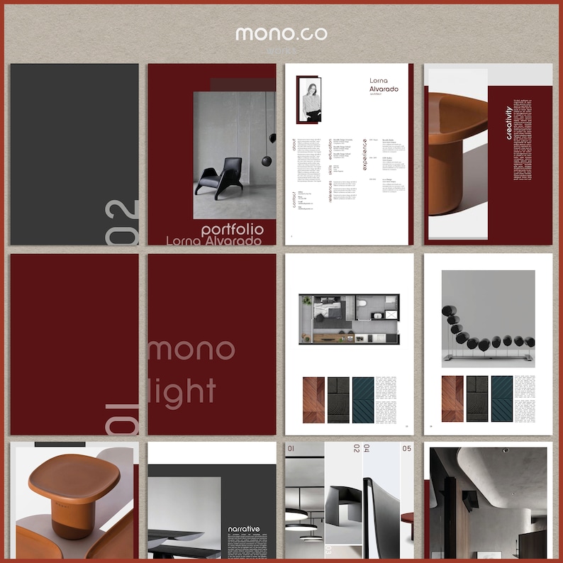 May include: A collection of design portfolio pages in a dark red and grey colour scheme. The pages display architectural renderings, furniture designs, and the text "mono.co" and "Lorna Alvarado".