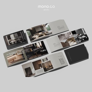 Puede incluir: Un folleto que muestra proyectos de diseño de interiores con el título "Portafolio" y el nombre de la empresa "mono.co works". El folleto presenta imágenes de espacios de vida modernos, una escalera de mármol y una imagen en blanco y negro de una habitación con un escritorio y una silla.