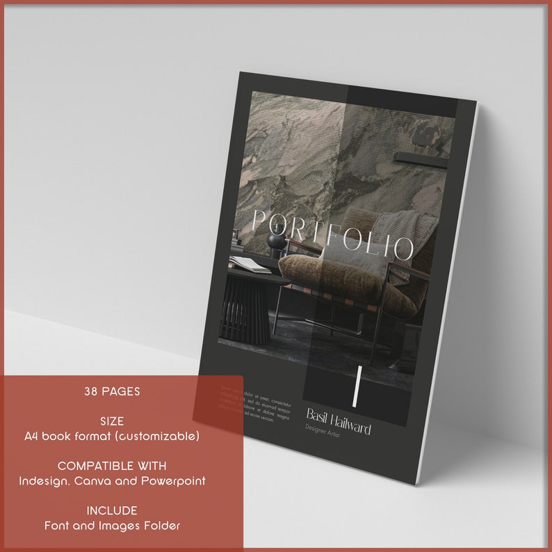 K&ouml;nnte beinhalten: Ein schwarzer und wei&szlig;er Portfolio-Umschlag mit dem Wort "PORTFOLIO" in wei&szlig;er Schrift. Der Umschlag zeigt ein Foto eines braunen Sessels in einer modernen Inneneinrichtung. Der Text "Basil Hallward Designer Artist" ist in wei&szlig;er Schrift auf schwarzem Hintergrund.