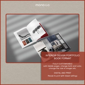 May include: An open interior design portfolio book with images of interior design projects. The book is on a grey surface with the text "INTERIOR DESIGN PORTFOLIO BOOK FORMAT". The text also says "FULLY CUSTOMISABLE" and "DIGITAL AND PRINT".