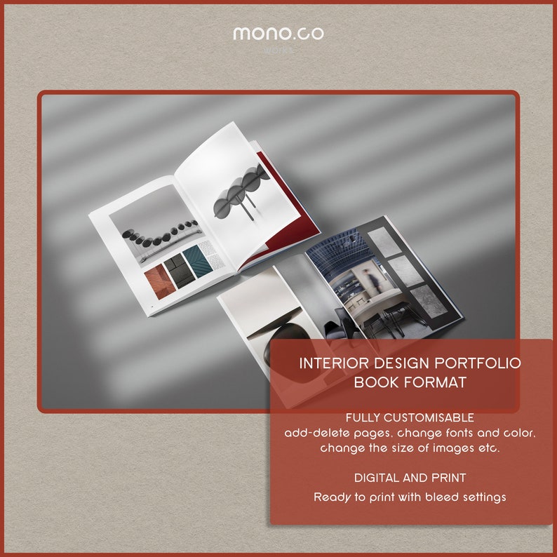 May include: An open interior design portfolio book with images of interior design projects. The book is on a grey surface with the text "INTERIOR DESIGN PORTFOLIO BOOK FORMAT". The text also says "FULLY CUSTOMISABLE" and "DIGITAL AND PRINT".