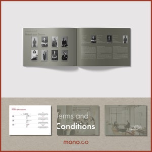 K&ouml;nnte beinhalten: Ein Buch mit einem grauen Einband und dem Titel "Meet our Team" auf der Vorderseite. Das Buch ist aufgeschlagen auf einer Seite mit Fotos von Personen und Text &uuml;ber das Unternehmen. Die n&auml;chste Seite tr&auml;gt den Titel "Terms and Conditions" und die Website-Adresse des Unternehmens.