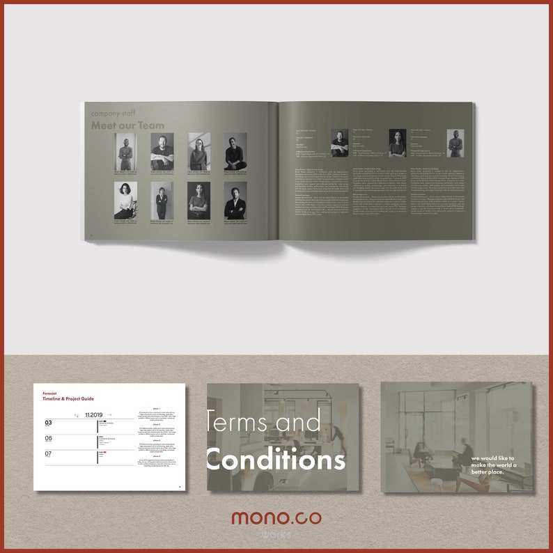 K&ouml;nnte beinhalten: Ein Buch mit einem grauen Einband und dem Titel "Meet our Team" auf der Vorderseite. Das Buch ist aufgeschlagen auf einer Seite mit Fotos von Personen und Text &uuml;ber das Unternehmen. Die n&auml;chste Seite tr&auml;gt den Titel "Terms and Conditions" und die Website-Adresse des Unternehmens.