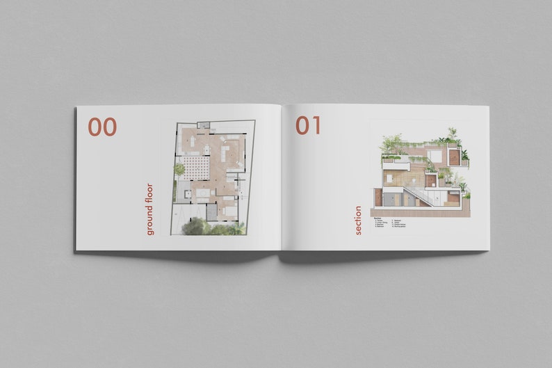 K&ouml;nnte beinhalten: Eine Doppelseite mit Architekturpl&auml;nen f&uuml;r ein Haus. Die linke Seite zeigt einen Grundriss mit der Bezeichnung "Erdgeschoss" und die rechte Seite zeigt einen Querschnitt mit der Bezeichnung "Schnitt".