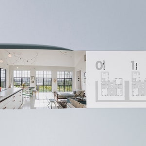 May include: A white kitchen with a large island and stainless steel appliances. The kitchen has large windows with a view of a green lawn. The image also includes a floor plan of the house, showing the layout of the ground floor and first floor.