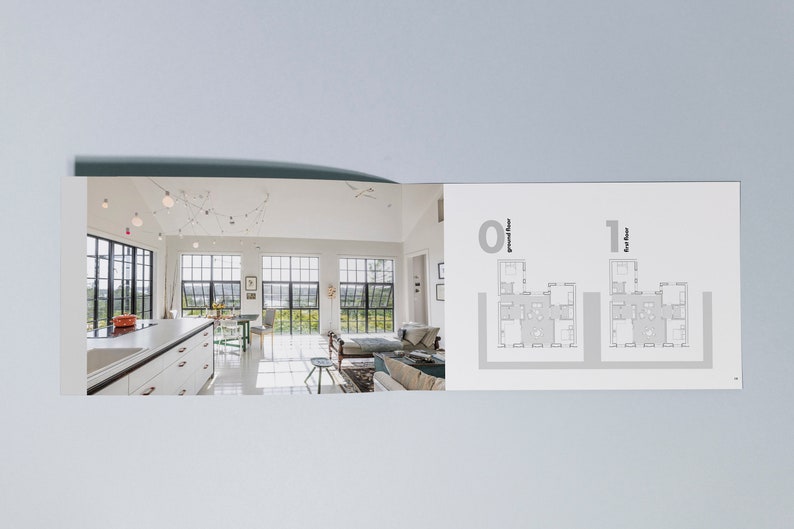 May include: A white kitchen with a large island and stainless steel appliances. The kitchen has large windows with a view of a green lawn. The image also includes a floor plan of the house, showing the layout of the ground floor and first floor.