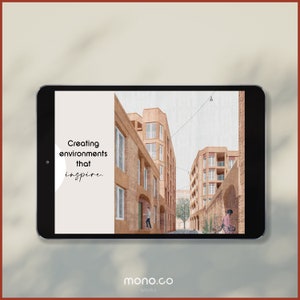 K&ouml;nnte beinhalten: Eine digitale Illustration eines Backsteingeb&auml;udes mit einer schmalen Stra&szlig;e davor. Der Text "Creating environments that inspire." wird auf der linken Seite des Bildes angezeigt. Der Text "mono.co works" wird am unteren Rand des Bildes angezeigt.