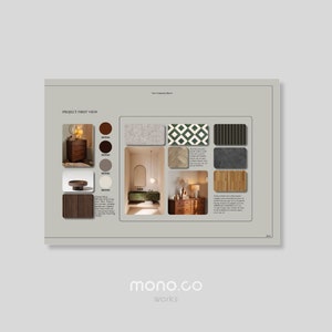 以下が含まれることがあります： バスルームのデザインプロジェクトのためのムードボード。ボードには、木材、タイル、ファブリックなど、さまざまな素材と色が含まれています。ボードには、大きな鏡、フリースタンディングのバスタブ、シンク付きの洗面台を備えたバスルームのレンダリングも含まれています。ボードのテキストは「Project First View」です。