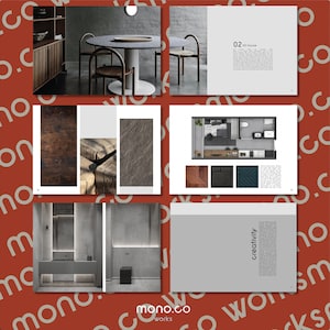 K&ouml;nnte beinhalten: Ein Magazin-Spread, der Innenarchitekturprojekte zeigt. Das Magazin zeigt Bilder eines Wohnzimmers mit einem Holztisch und St&uuml;hlen, eines Badezimmers mit einem Waschtisch und einem Spiegel sowie einen Grundriss. Das Magazin enth&auml;lt auch Text &uuml;ber die Projekte und das Designb&uuml;ro "mono.co works".