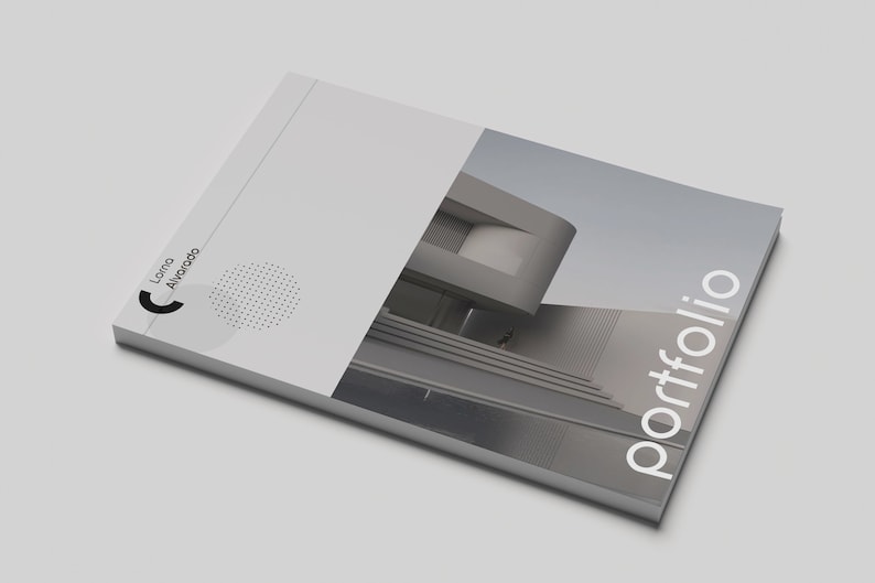 May include: A white and grey portfolio with the word "portfolio" printed in white on the cover. The cover also features a black and white illustration of a modern building.