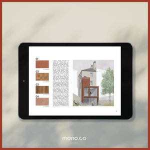 K&ouml;nnte beinhalten: Eine Zeitschriftenseite mit einer Darstellung eines Backsteingeb&auml;udes mit einem gro&szlig;en Fenster. Die Seite zeigt auch vier verschiedene Materialmuster mit den Nummern 01 bis 04.