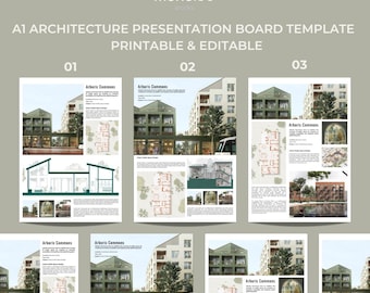 Könnte beinhalten: Eine Präsentationsboard-Vorlage für Architekturprojekte. Die Vorlage ist in drei Abschnitte unterteilt, jeder mit einem anderen Bild und Text. Die Bilder zeigen ein Gebäude mit grünen Wänden und einem weißen Dach. Der Text enthält die Wörter "Arboris Commons" und "Urban Public Space Design".