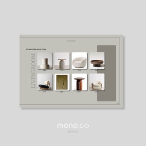 以下が含まれることがあります： リビングルーム用の家具のセレクションガイド。丸いコーヒーテーブル、サイドテーブル、椅子、スツールなど、さまざまな家具の画像が掲載されています。