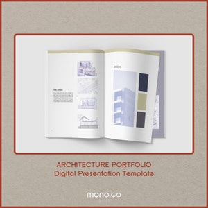 Op de afbeelding: Open architectuurportfolio-presentatie sjabloon met de woorden "gevel" en "kleuren" op de pagina's. De pagina's tonen een gebouwontwerp met verschillende kleurenpaletten.