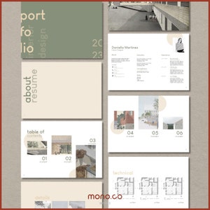 K&ouml;nnte beinhalten: Ein Portfolio f&uuml;r eine Innenarchitektin namens Daniella Martinez. Das Portfolio enth&auml;lt ein Inhaltsverzeichnis, Projektdetails und technische Zeichnungen. Das Portfolio ist im minimalistischen Stil mit einer neutralen Farbpalette gestaltet.