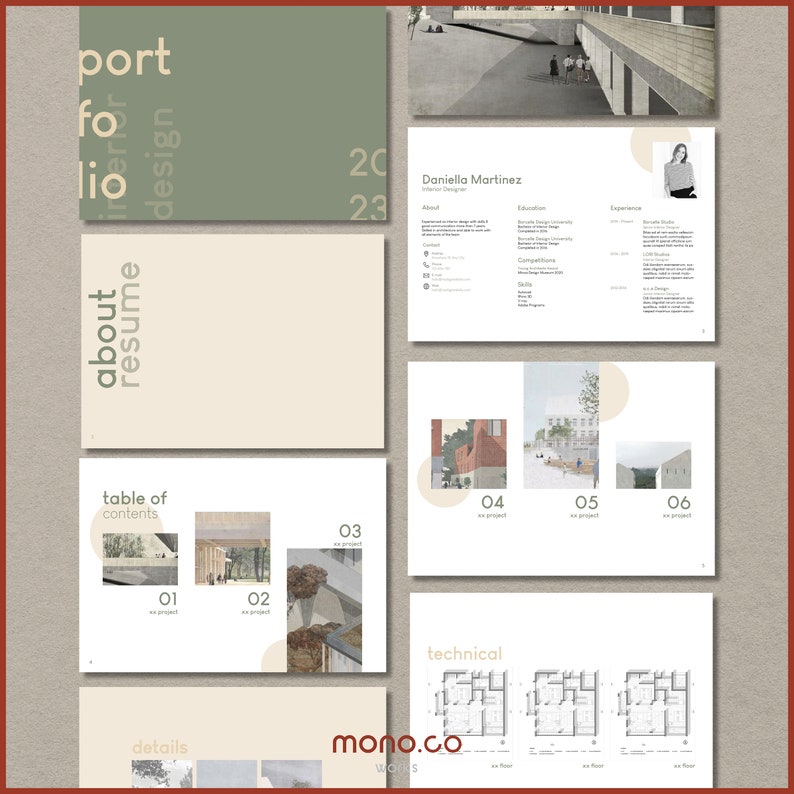 K&ouml;nnte beinhalten: Ein Portfolio f&uuml;r eine Innenarchitektin namens Daniella Martinez. Das Portfolio enth&auml;lt ein Inhaltsverzeichnis, Projektdetails und technische Zeichnungen. Das Portfolio ist im minimalistischen Stil mit einer neutralen Farbpalette gestaltet.