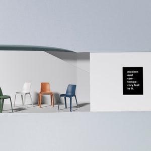 May include: Four chairs in different colors: green, white, orange, and blue. The chairs are made of plastic and have a modern and contemporary feel to them. The text on the page reads: "modern and contemporary feel to it."