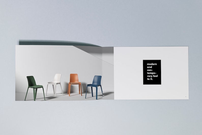 May include: Four chairs in different colors: green, white, orange, and blue. The chairs are made of plastic and have a modern and contemporary feel to them. The text on the page reads: "modern and contemporary feel to it."