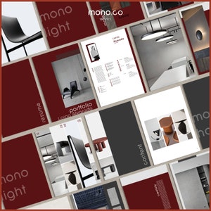 May include: A layout of design portfolio pages with a contemporary style. The pages showcase images of furniture, lighting, and interior spaces. The colour scheme is mainly burgundy, white, and grey, with the text "mono light" and "mono.co" visible.
