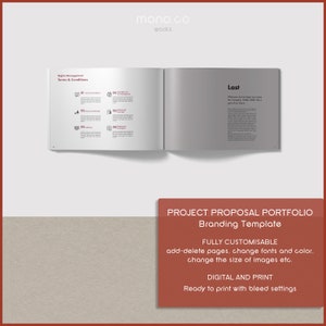 K&ouml;nnte beinhalten: Eine Projekt-Vorschlags-Portfolio-Branding-Vorlage mit dem Text "FULLY CUSTOMISABLE add-delete pages, change fonts and color. change the size of images etc. DIGITAL AND PRINT Ready to print with bleed settings".