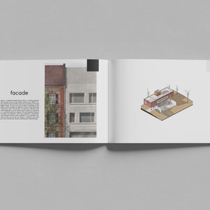 K&ouml;nnte beinhalten: Eine Doppelseite aus einem Buch &uuml;ber Architektur, mit einem Foto einer Geb&auml;udefassade und einer isometrischen Zeichnung desselben Geb&auml;udes. Der Text "Fassade" ist in Schwarz auf der Seite gedruckt.